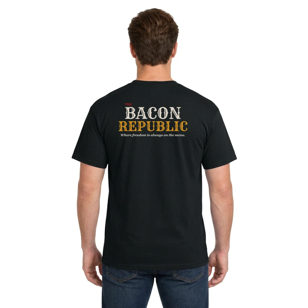 Model wearing a black short-sleeve Granite State tee with back artwork