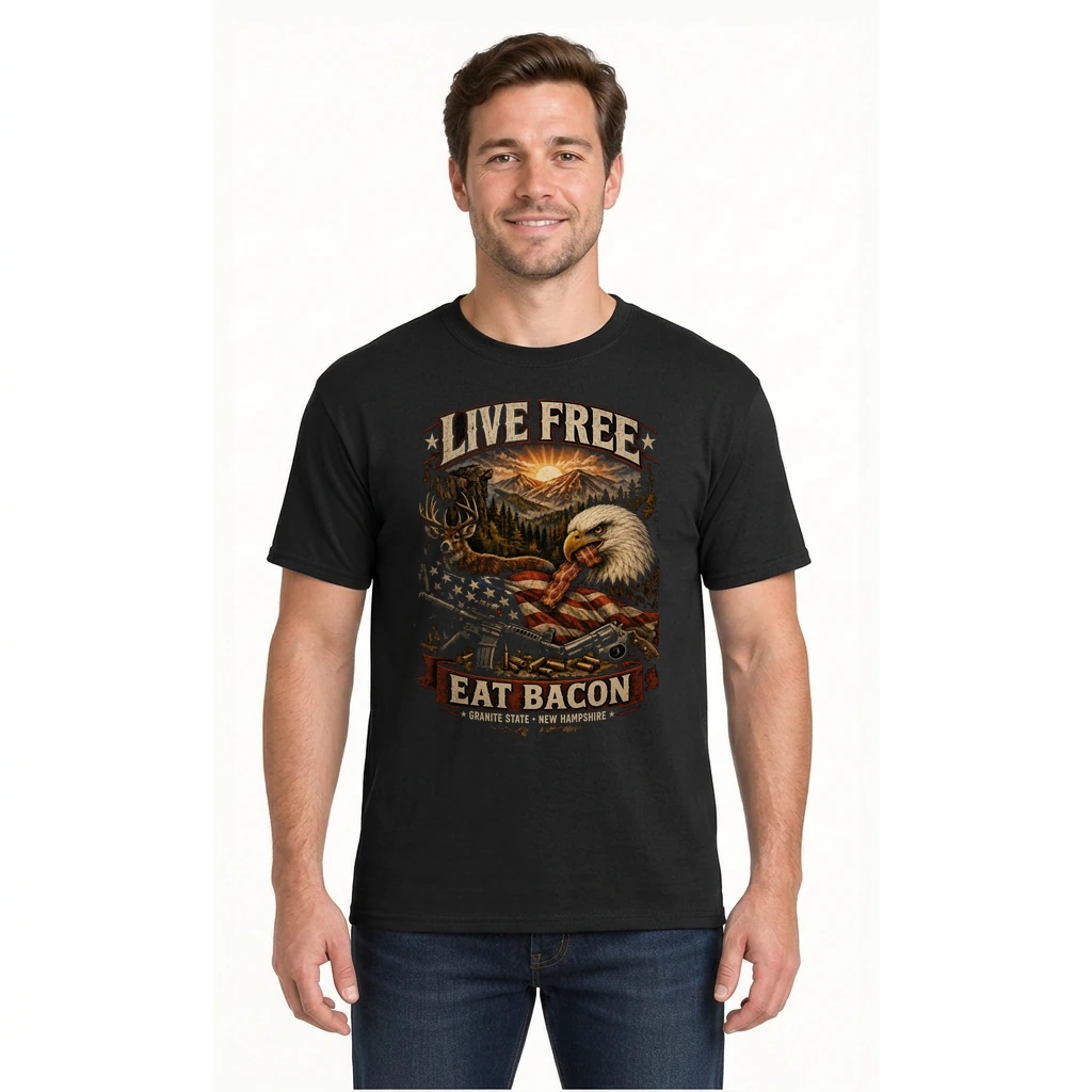 Model wearing a black short-sleeve Granite State tee with front artwork
